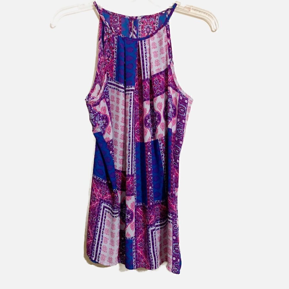 Violet & Claire Halter BOHO Mandala Floral Purple Blue Top Tank Blouse.
